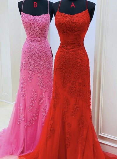 2025 Red Halter Backless Sheath Tulle With Appliques Long Prom Dress