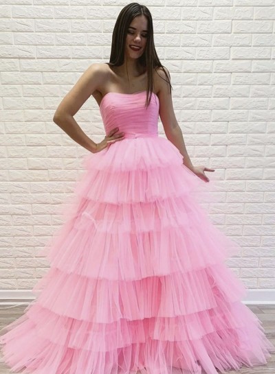 2025 A Line Layered Tulle Pink Strapless Long Prom Dresses