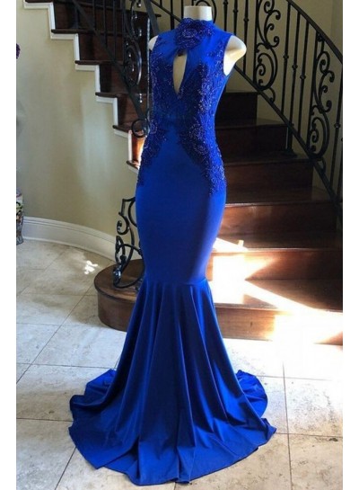 2025 Sheath Royal Blue Elastic Satin Long Prom Dress