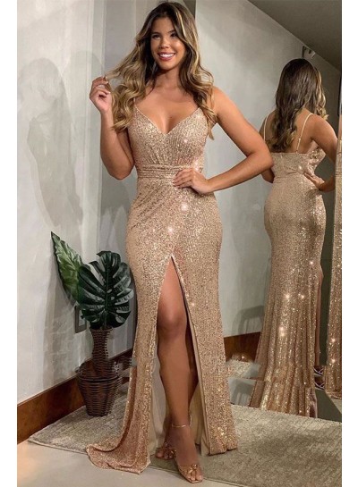 2025 Champagne Side Slit Sequence Sweetheart Long Prom Dresses