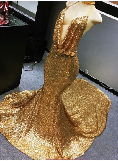 2025 Mermaid Gold Sequence Halter Deep V Neckline Long Backless Prom Dress