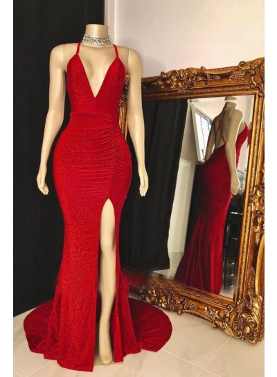 Red Side Slit Sequence V Neck Backless Long Prom Dress 2025