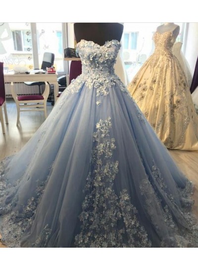 2025 Light Sky Blue Sweetheart Appliques Ball Gown Long Prom Dress