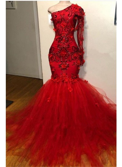 One Shoulder Mermaid 2025 Red Long Sleeves Tulle Beaded Long Prom Dress