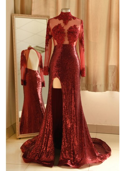 2025 Sheath Burgundy Side Slit Long Sleeves High Neck Long Prom Dress