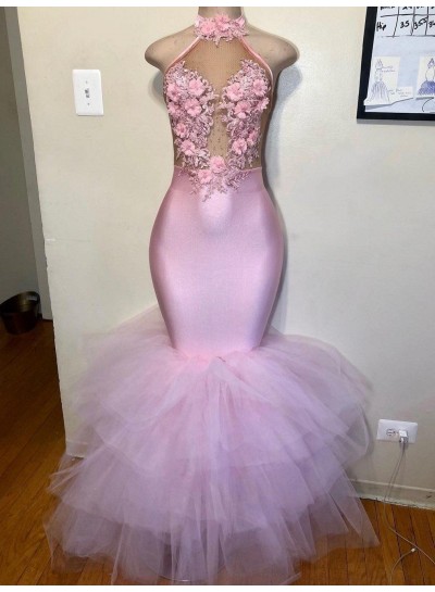 2025 Mermaid Tulle Halter Pink Floral Backless Long Prom Dress