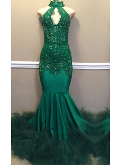 2025 Mermaid Emerald High Neck Feathers Stretchy Key Hole Long Prom Dresses