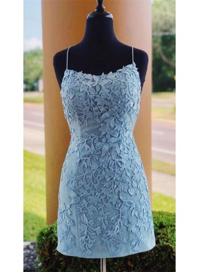 2025 Light Sky Blue Sheath Halter Appliques Knee Length Short Homecoming Dresses