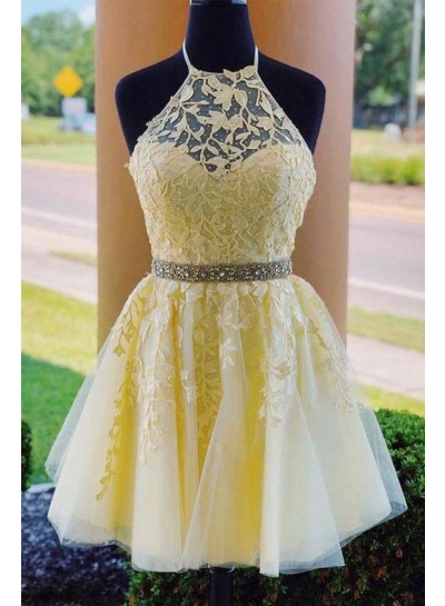 2025 Daffodil A Line Tulle With Appliques Knee Length Backless Short Homecoming Dresses