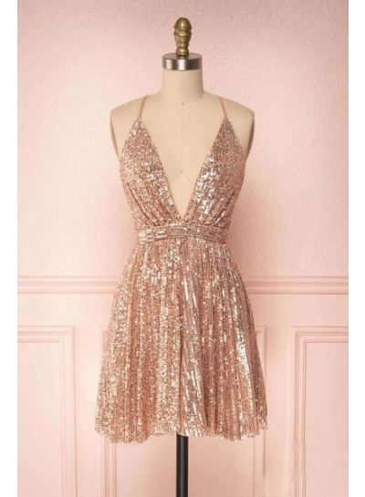 2025 A Line Sequence Dusty Rose Knee Length V Neck Short Homecoming Dresses