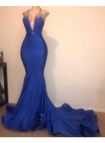 Mermaid V Neck Royal Blue 2025 Halter Bead Long Prom Dresses