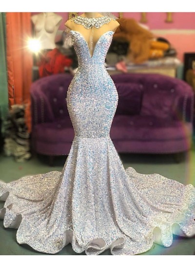 2025 Mermaid Sweetheart Sequins Rolled Train Long Prom Dresses