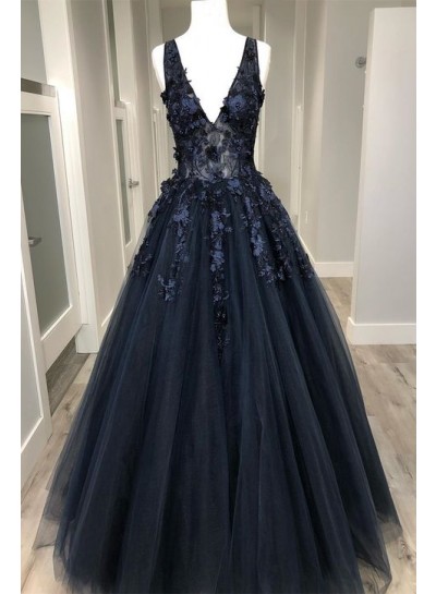 A Line Black V Neck Tulle With Appliques Long Prom Dresses 2025