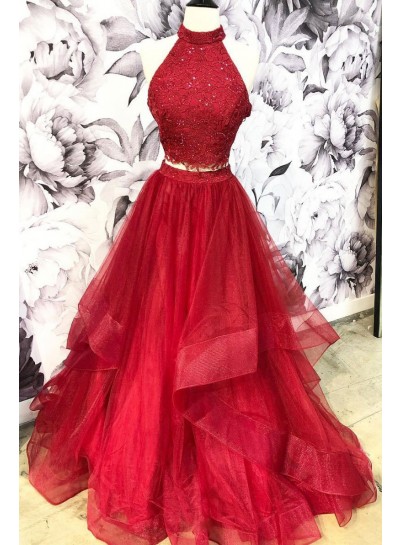 A Line Tulle Two Pieces High Neck Long Red Prom Dresses 2025