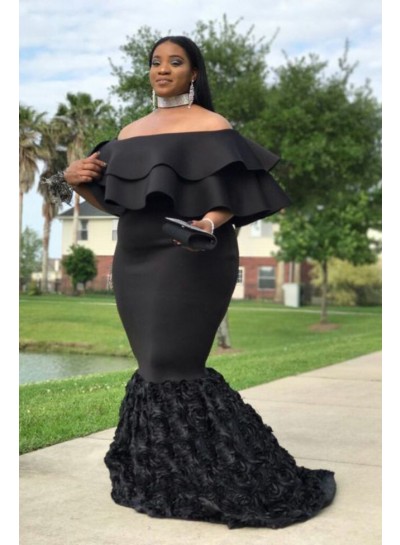 2025 Black Mermaid Off Shoulder Capped Sleeves Rose Patterns Plus Size Prom Dresses