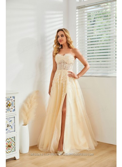 2025 A Line Light Yellow Sweetheart Side Slit Long Prom Dresses With Appliques