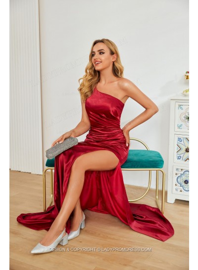 2025 One Shoulder Elastic Satin Burgundy Ruched Side Slit Long Prom Dresses 