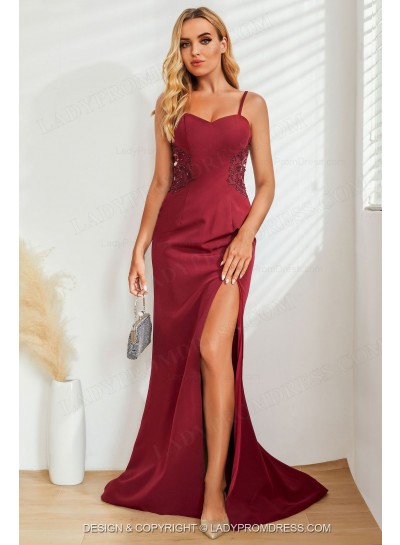 Burgundy Sheath Sweetheart Side Slit Long Prom Dresses 2025