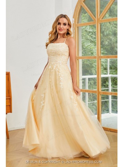 2025 A Line Tulle Light Yellow Halter Criss Cross Long Prom Dresses