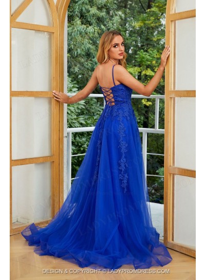 2025 A Line Sweetheart Neck Royal Blue Side Slit Tulle Prom Dresses With Appliques