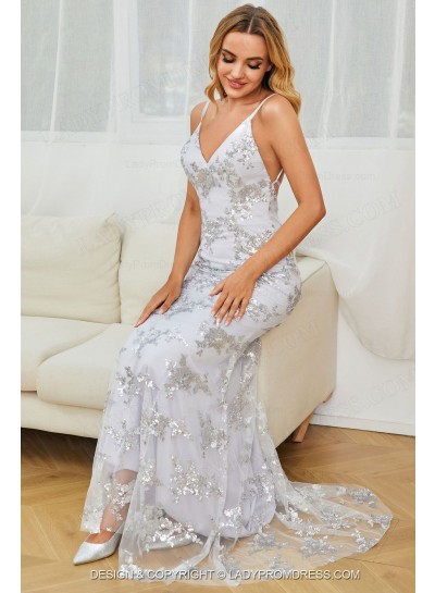 Sheath Silver V Neck Lace Up Back Sequence Long Prom Dresses 2025