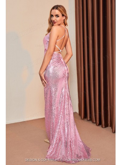 2025 Sheath Pink Halter Sequence Backless Long Prom Dresses