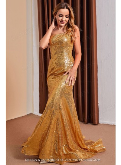 2025 Gold Sequence Strapless Long Spaghetti Straps Prom Dresses