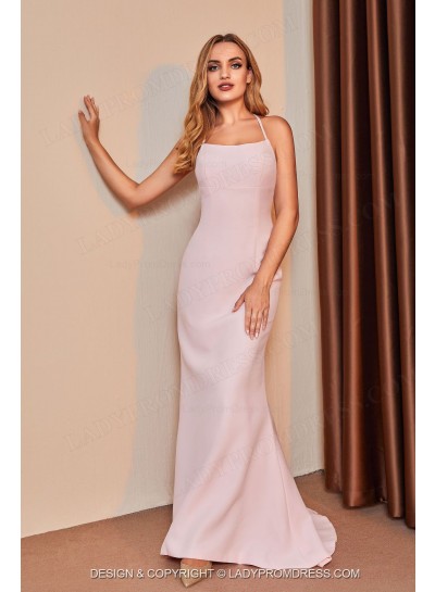 2025 Satin Halter Criss Cross Pearl Pink Backless Long Prom Dresses