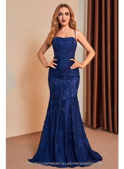 Sheath Halter Dark Navy Lace Criss Cross Long 2025 Prom Dresses