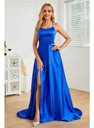 2025 Royal Blue Halter Cross Criss A-line Long Prom Dresses