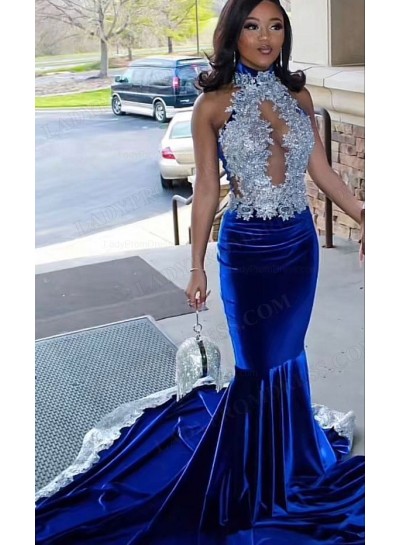 2025 Velvet High Neck Applique Sleeveless Sweep Train Mermaid Prom Dresses