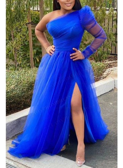 2025 A-Line Princess Tulle One Shoulder Long Sleeve Sweep Train Prom Dresses