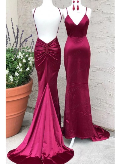 2025 Sheath Silk Like Satin Spaghetti Straps Backless Sweep Train Prom Dresses