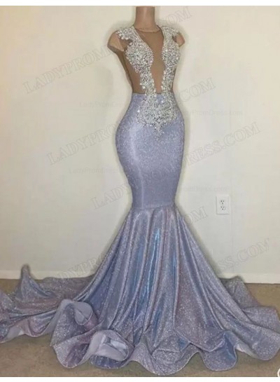 2025 Mermaid Deep V-neck Sequins Applique Sleeveless Sweep Train Prom Dresses
