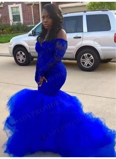 2025 Mermaid Lace Off the Shoulder Long Sleeves Sweep Train Prom Dresses