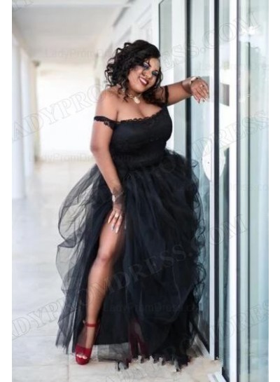 2025 A-Line Tulle Applique Off the Shoulder Sleeveless Sweep Train Prom Dresses