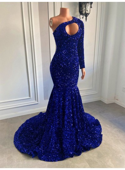 2025 Sheath Sequins One Shoulder Long Sleeve Sweep Train Prom Dresses