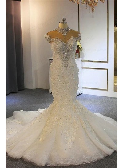 2025 Mermaid Tulle High Neck Cap Sleeves Hand-Made Flower Wedding Dresses