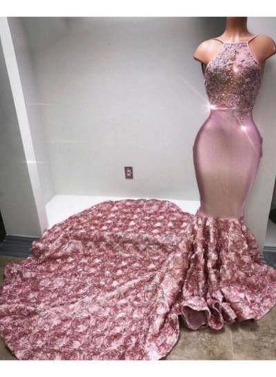 Trumpet/Mermaid Satin Halter Dusty Rose 2025 Prom Dresses