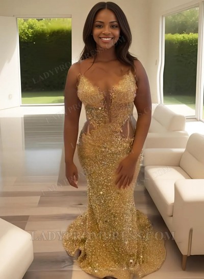2025 Gold Sheath Sequins Prom Dresses with Beaded