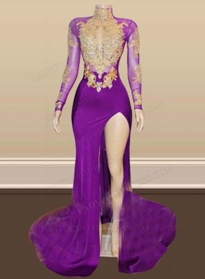 2025 Long Sleeve High Neck Beaded Split Prom Dresses