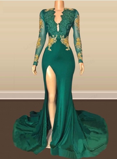 2025 Long Sleeves Emerald Side Slit Open Front Backless Long Prom Dresses