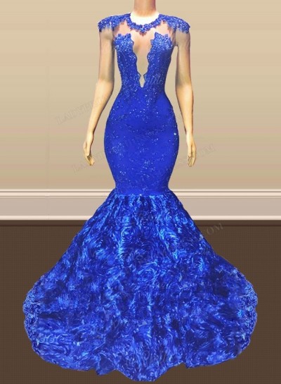 2025 Sexy Mermaid Royal Blue Open Front Rose Lace Prom Dresses