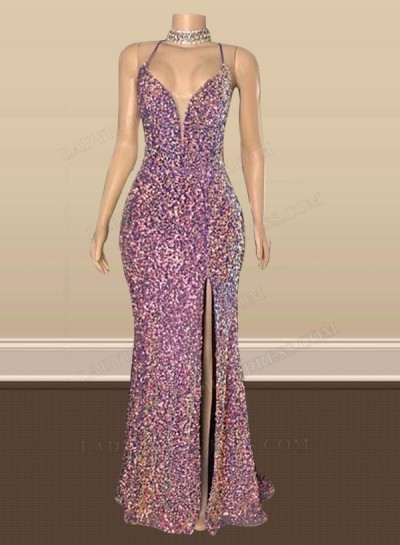 2025 Sheath Sequins V-neck Sleeveless Floor-Length Prom Dresses