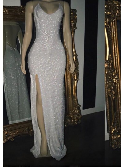 2025 White Halter Sequins Prom Dresses