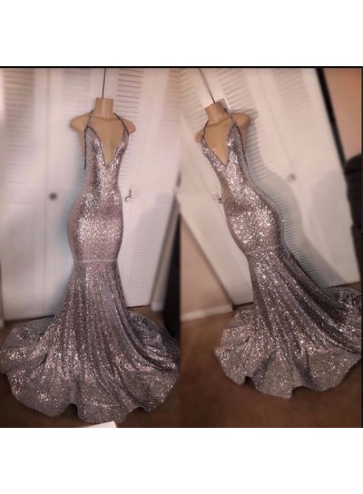 Halter 2025 V Neck Sequence Mermaid Prom Dresses