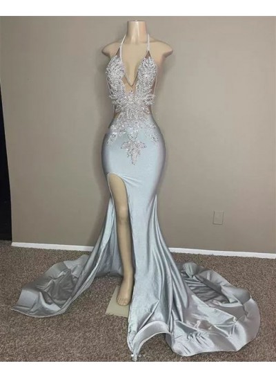 Halter Silver Beaded Long Satin Prom Dresses