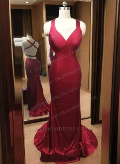 Sexy Burgundy Mermaid Satin Backless Halter V Neck Prom Dresses 2025
