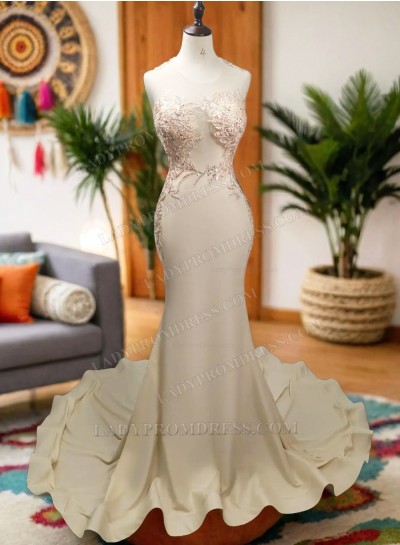 Champagne Sheath Beaded Long Prom Dresses 2025