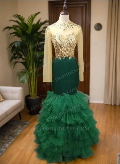 2025 New Arrival Mermaid Hunter Layered Long Sleeves Lace Prom Dresses